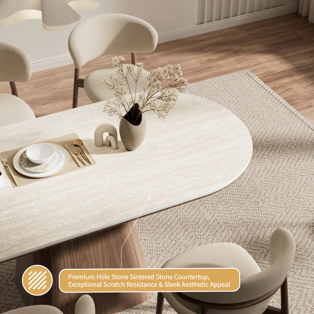 Oval Dining Table Solid Wood Walnut Veneer Base Scratch Resistant Sintered Stone Top Modern Stylish Design