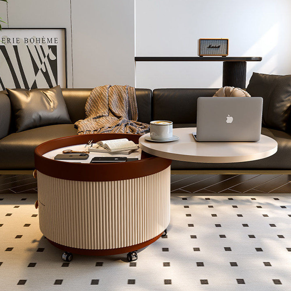 Modern Round Side Table with Hidden Storage and Drawers on Wheels