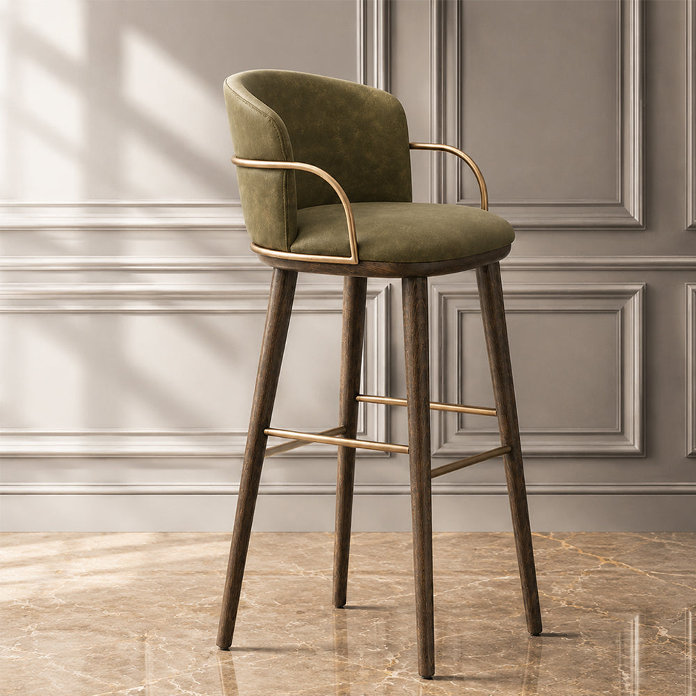 Modern Upholstered Bar Stool with Curved Backrest Gold Arm Detail Wooden Legs Counter Chair 1 Piece