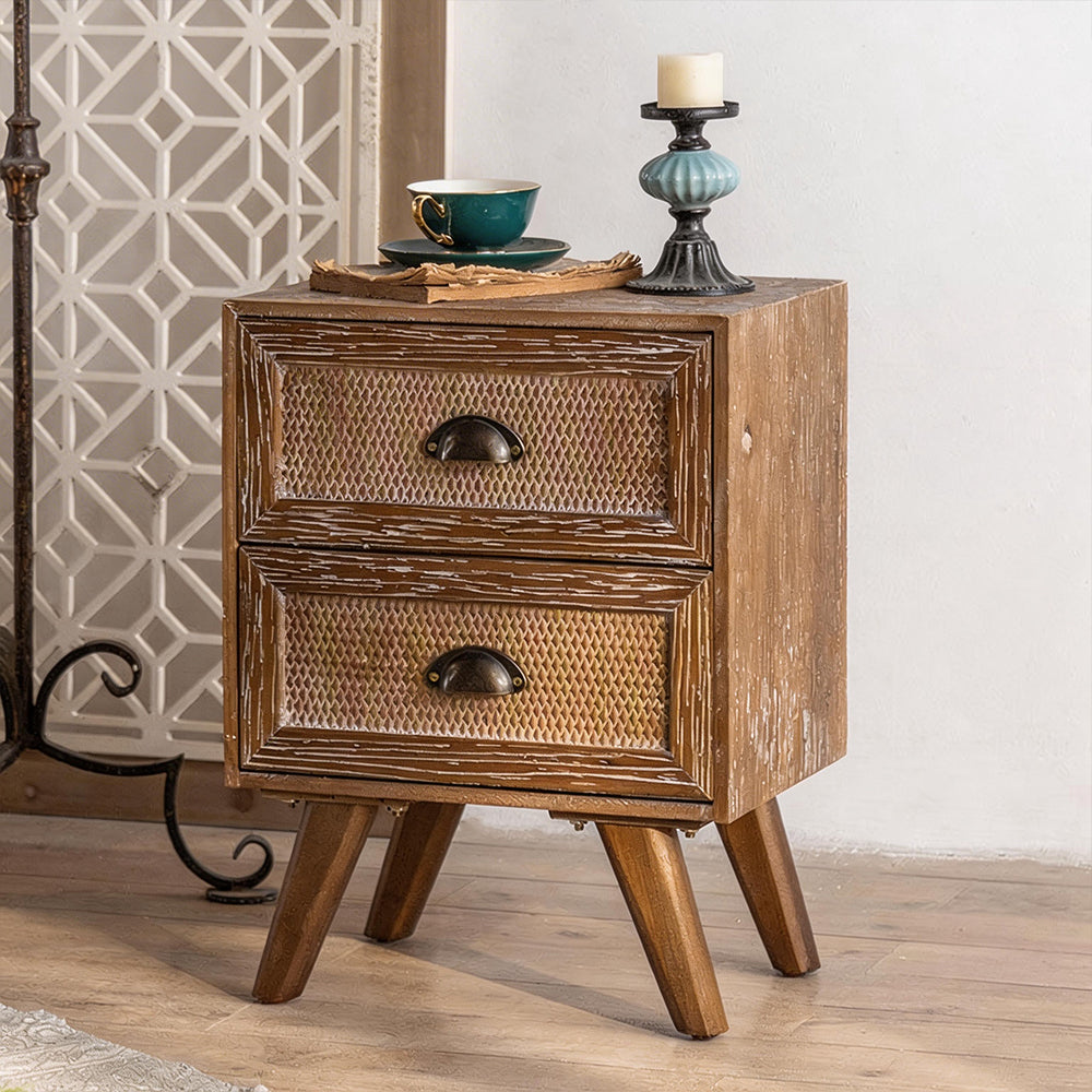 Vintage Distressed Wood Nightstand with Rattan Drawer Front Mid Century Bedside Table with Tapered Legs