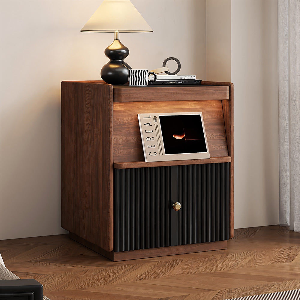 Modern Walnut Nightstand with Fluted Cabinet Door and Open Storage Shelf
