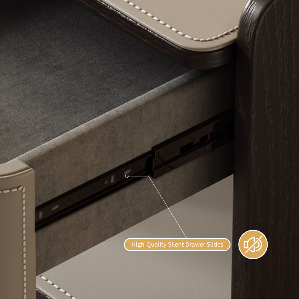 Modern Nightstand with Saddle Leather Finish Silent Drawer Rails