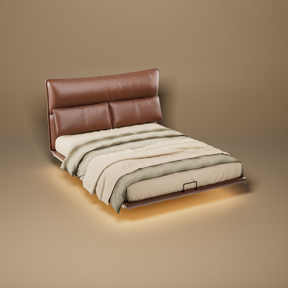 Luxury Floating Upholstered Platform Bed with LED Ambient Lighting & Cushioned Headboard