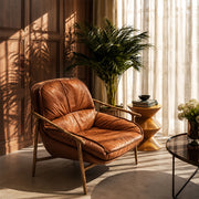 Vintage Leather Lounge Chair Mid Century Accent Chair with Wrought Iron Fram