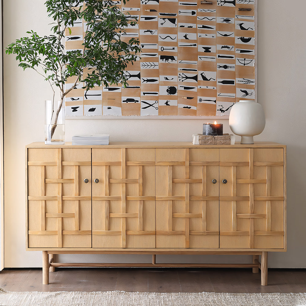 63" Modern Geometric Solid Wood Sideboard Storage Cabinet with Sculptural Door Design