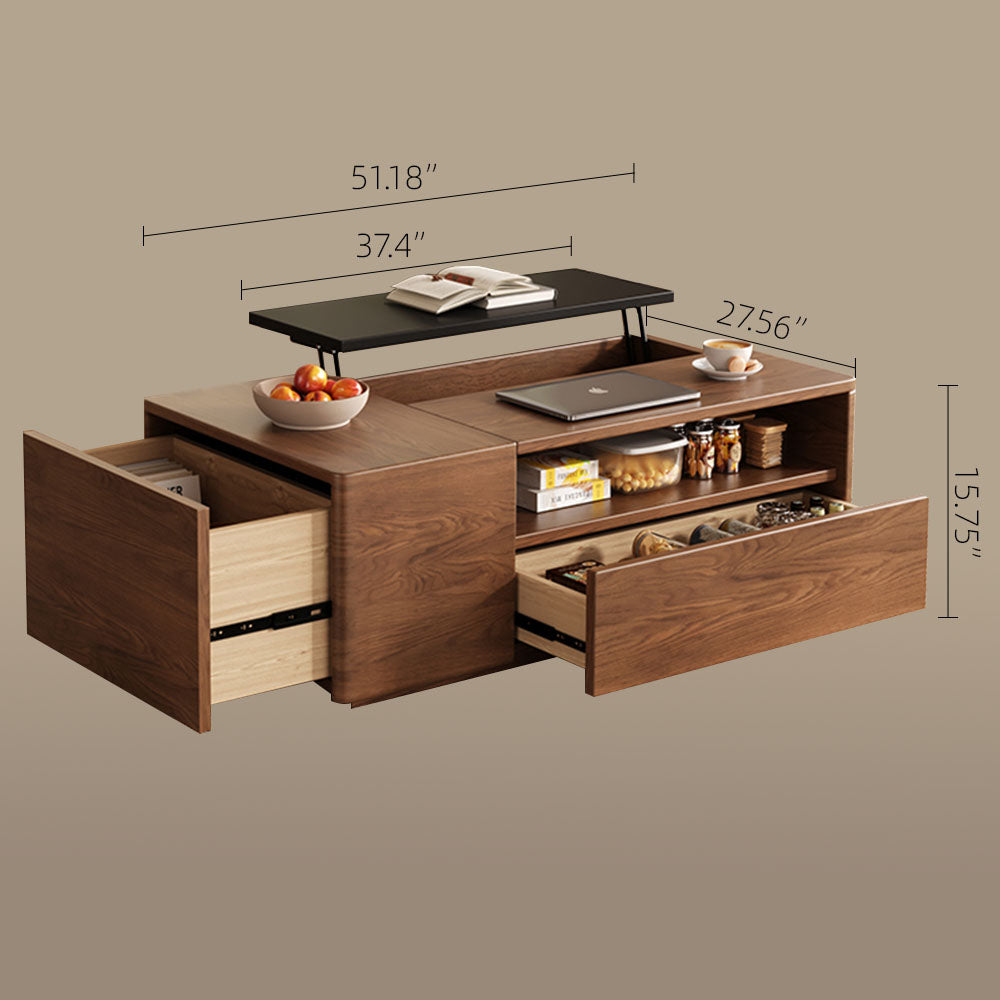 51'' Walnut Lift-Top Coffee Table with Hidden Storage Drawers and Open Shelves