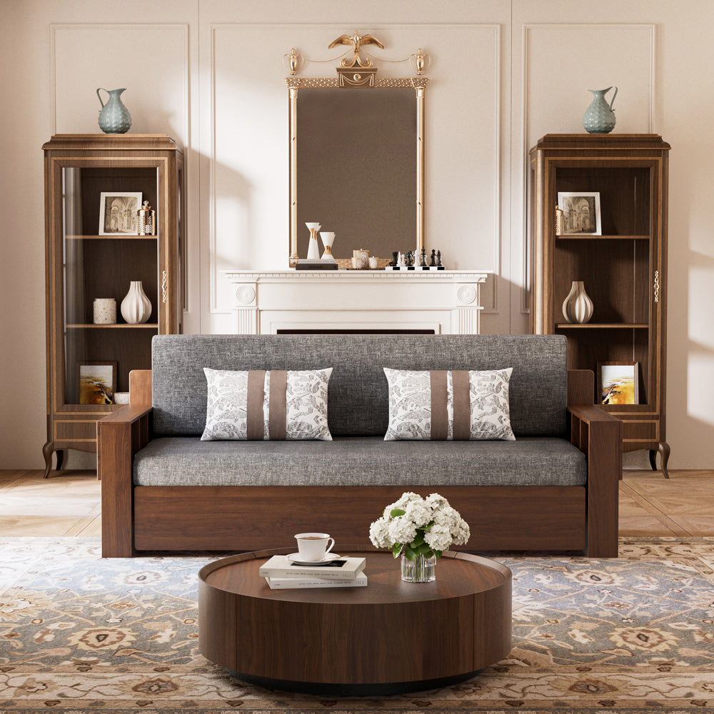 Close-up of sofa bed upholstery and cushion texture in neutral tone