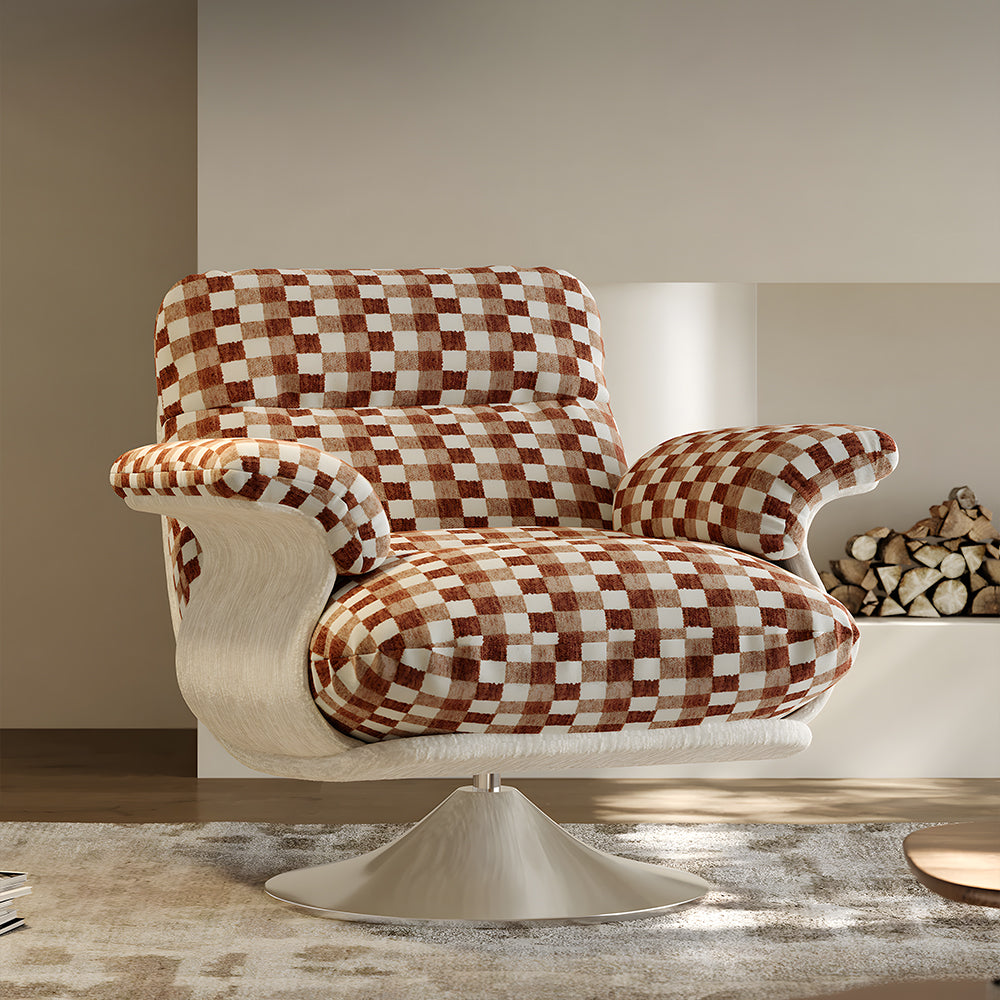 Modern Swivel Lounge Chair with Speckled Jacquard Upholstery Curved Wood Frame and Stainless Steel Base