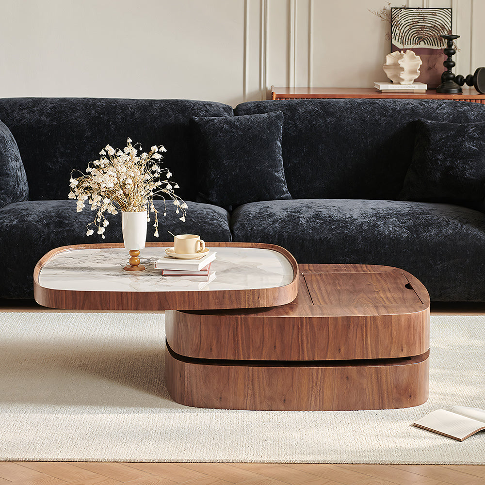 34.7'' Modern Solid Wood Coffee Table with Marble Top Hidden Storage Rounded Minimalist Design