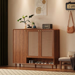 Load image into Gallery viewer, Mid-Century Rattan Shoe Cabinet with 2 Doors Walnut Wood Entryway Storage Organizer with Open Shelf
