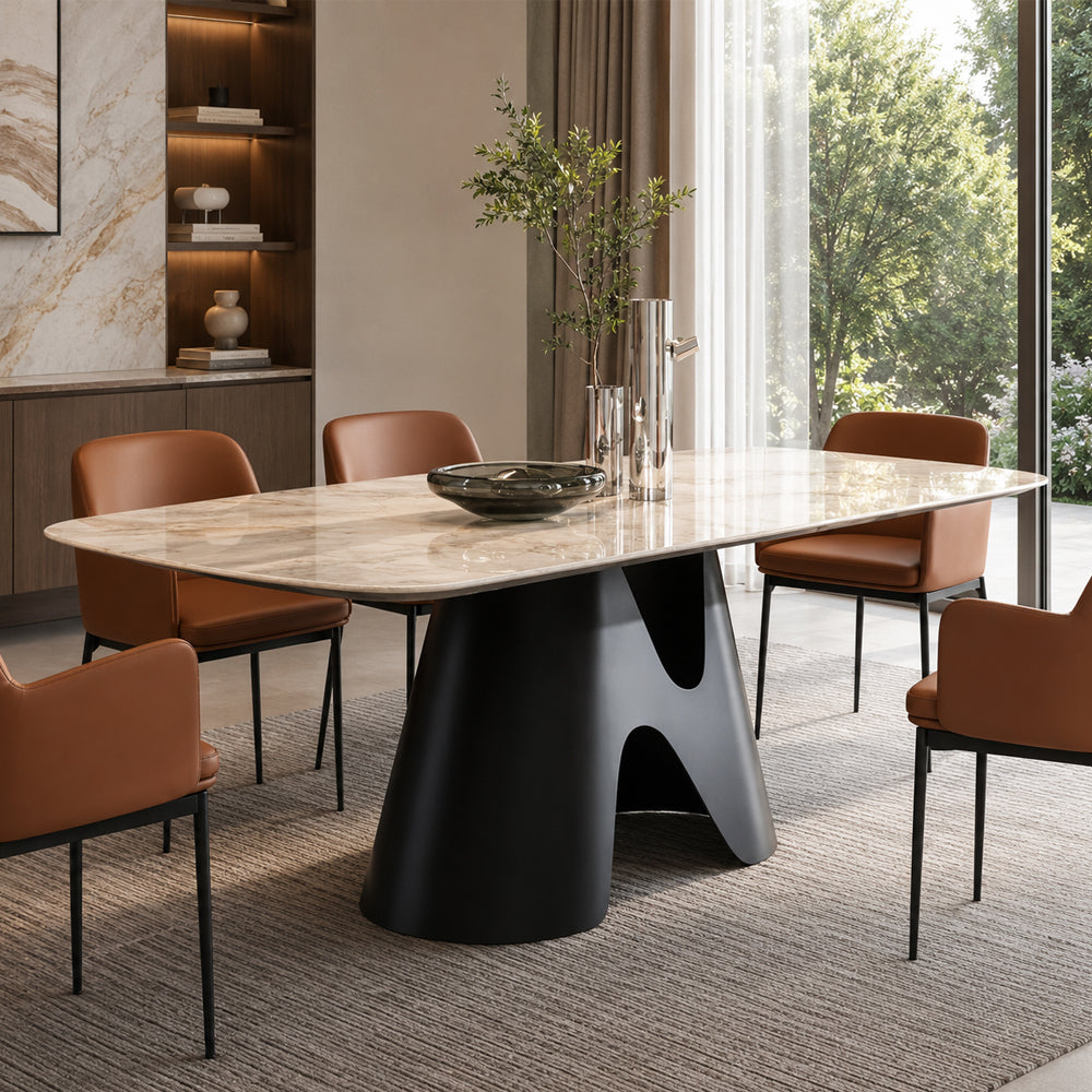Sculptural Carbon Steel Base Calcined Grey Stone Oval Dining Table
