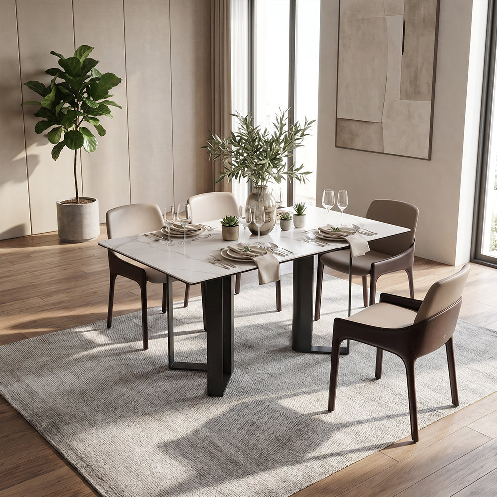 Modern White Sintered Stone Dining Table with Black Geometric Carbon Steel Base