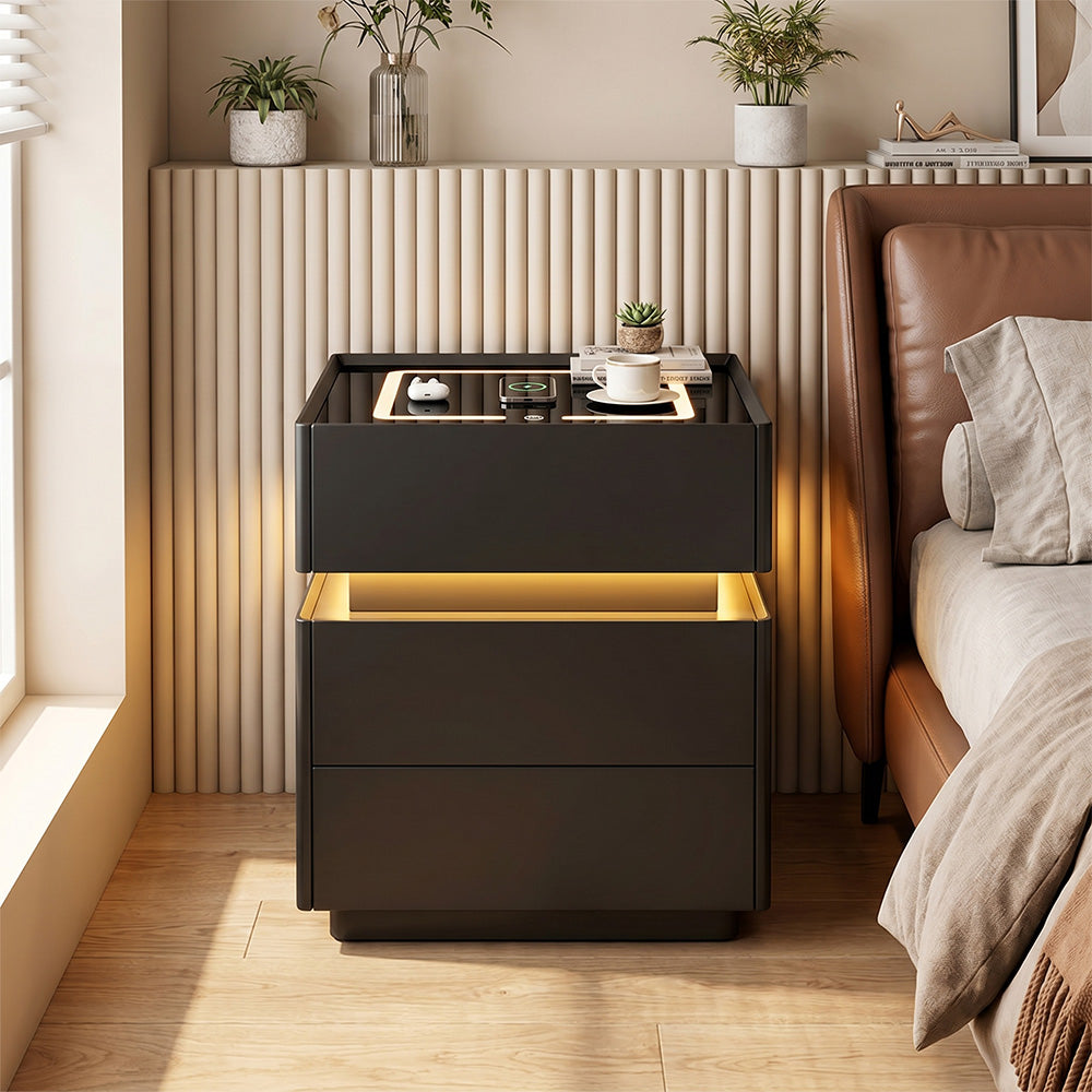 Modern LED Nightstand with Glass Top 2 Drawers Smart Bedside Table High Gloss White Design