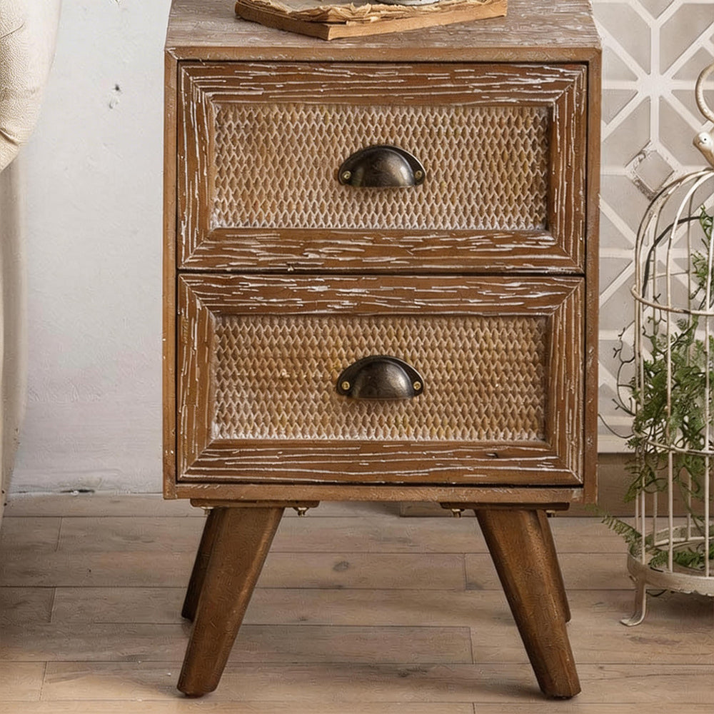 Vintage Distressed Wood Nightstand with Rattan Drawer Front Mid Century Bedside Table with Tapered Legs