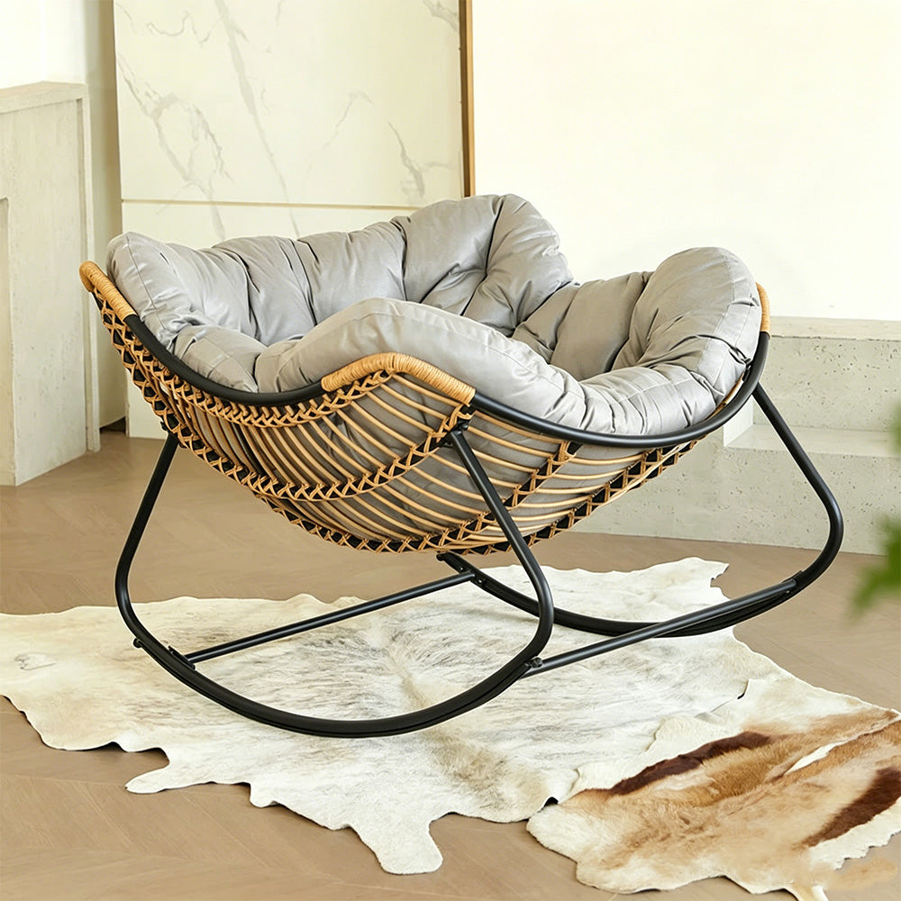 Modern Papasan Lounge Chair with Woven Rattan Frame and Plush Cushion