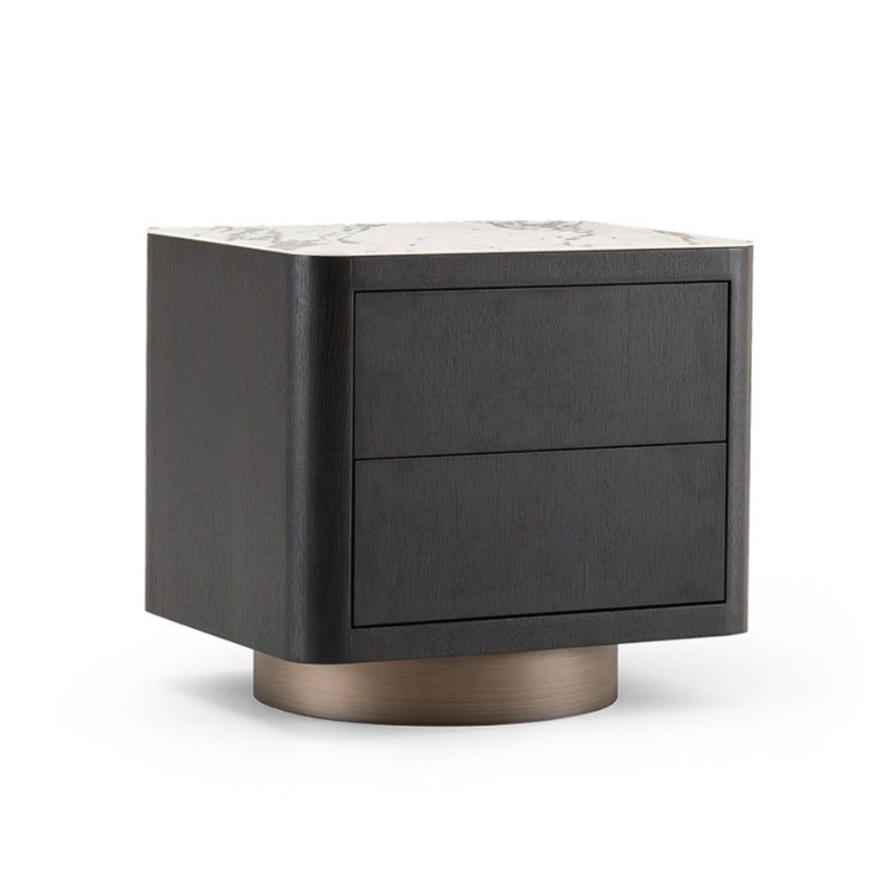 Modern Black Wood Nightstand with Faux Stone Top and Brushed Metal Base
