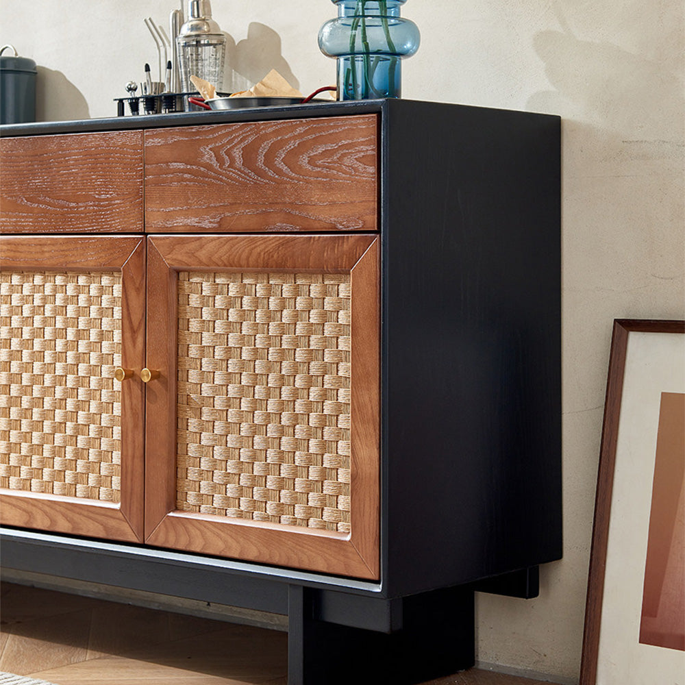63" Bohemian Style Rattan Door Credenza Sideboard With Storage