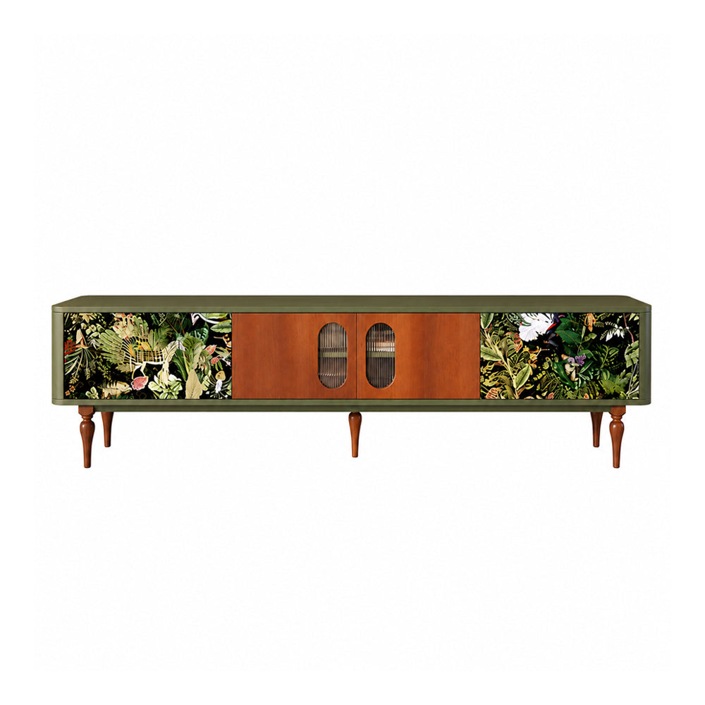 82.6" Jungle Print Mid Century Wood TV Stand