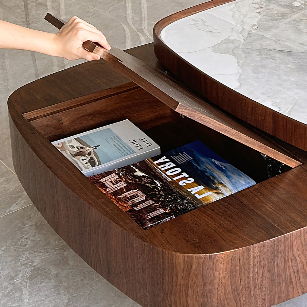 34.7'' Modern Solid Wood Coffee Table with Marble Top Hidden Storage Rounded Minimalist Design