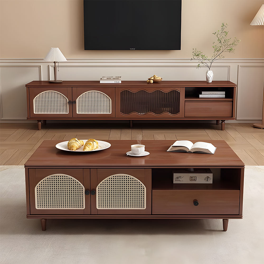 Mid-Century Modern TV Cabinet Cane and Ribbed Glass Design Elegant Wooden Entertainment Center