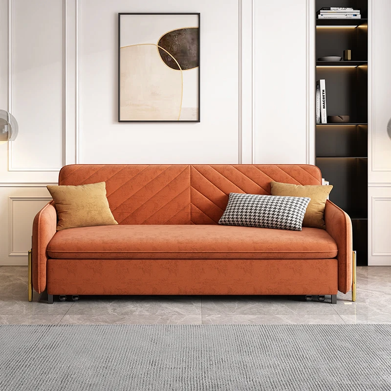 Orange velvet convertible sofa bed shown in living room setup