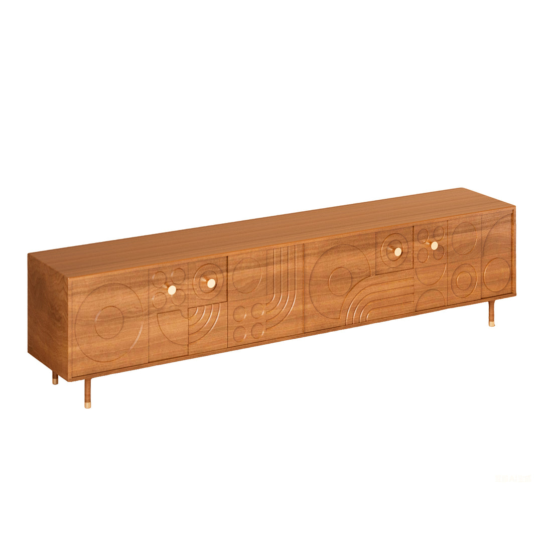 78" Retro TV Stand Carved Geometric Pattern Solid Wood Cabinet Brass-Tipped Legs