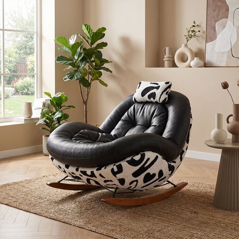 Bold Black Leather Rocking Lounge Chair with Patterned Fabric Shell