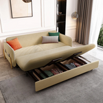 Load image into Gallery viewer, Under-seat storage drawer of sofa bed fully opened showing capacity
