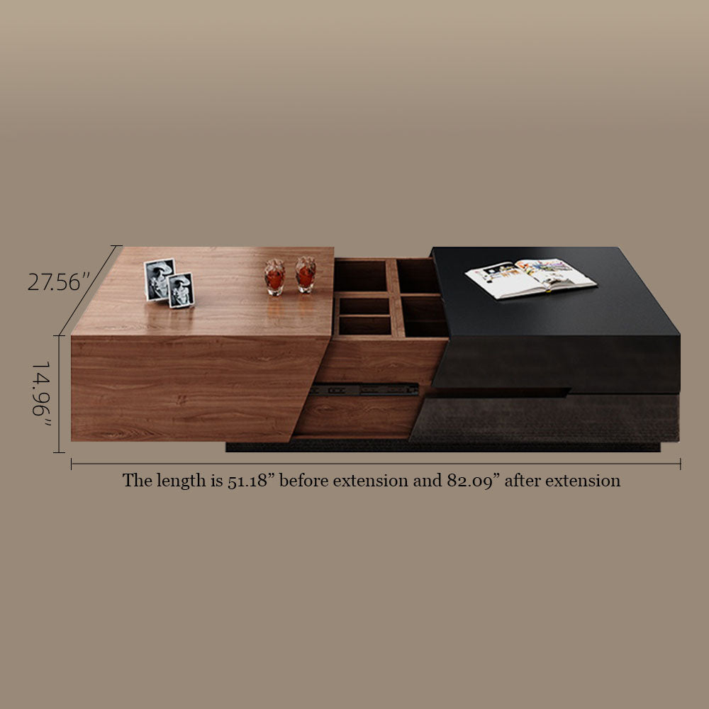 Modern Walnut & Black Extendable Coffee Table Expandable Design with Large-Capacity Storage