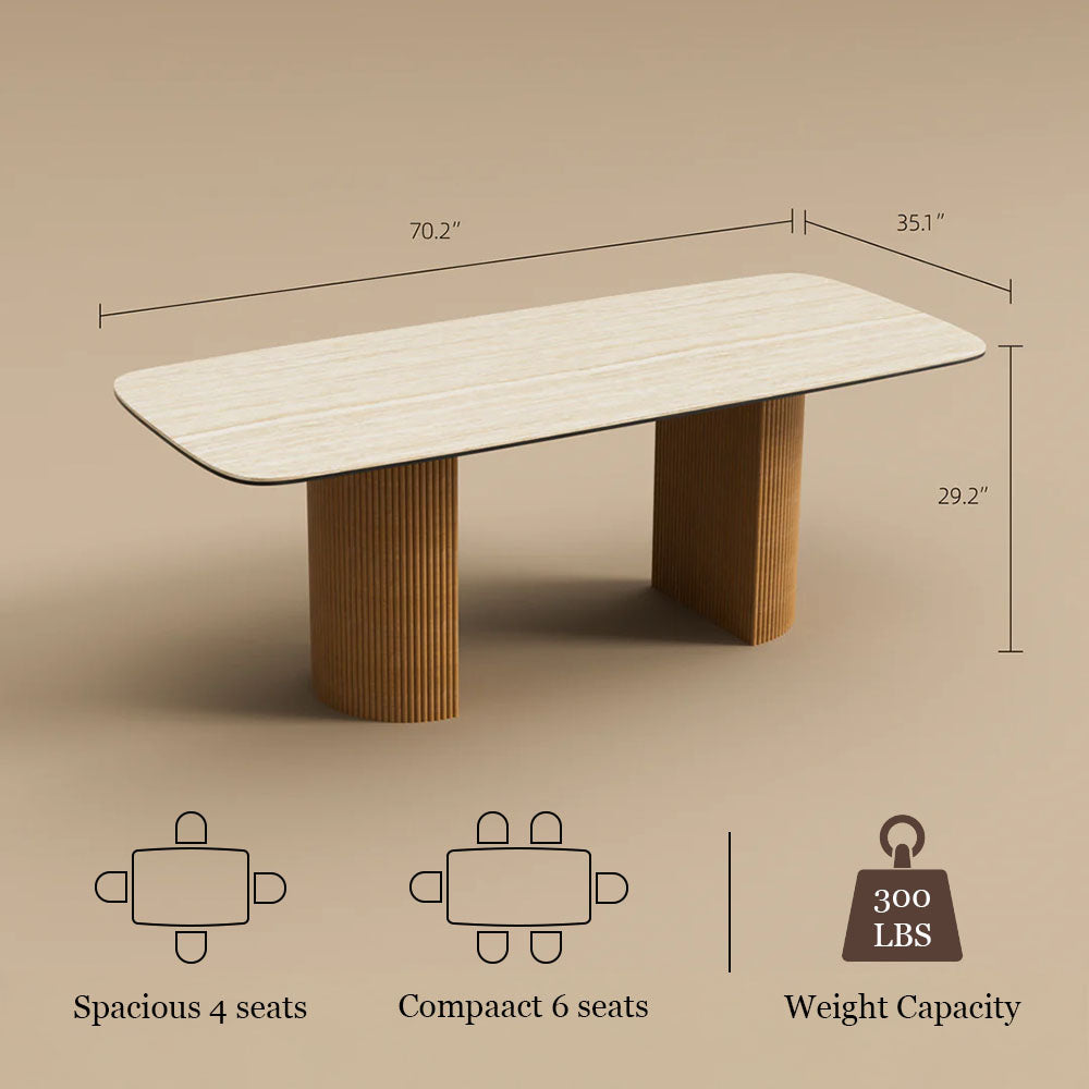 Square Dining Table White Marble Effect Top Semi-cylindrical Wooden Base for 6 People