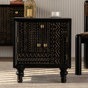 Modern Black Nightstand Wood Bedside Table Carved Door Storage Cabinet with Gold Handles