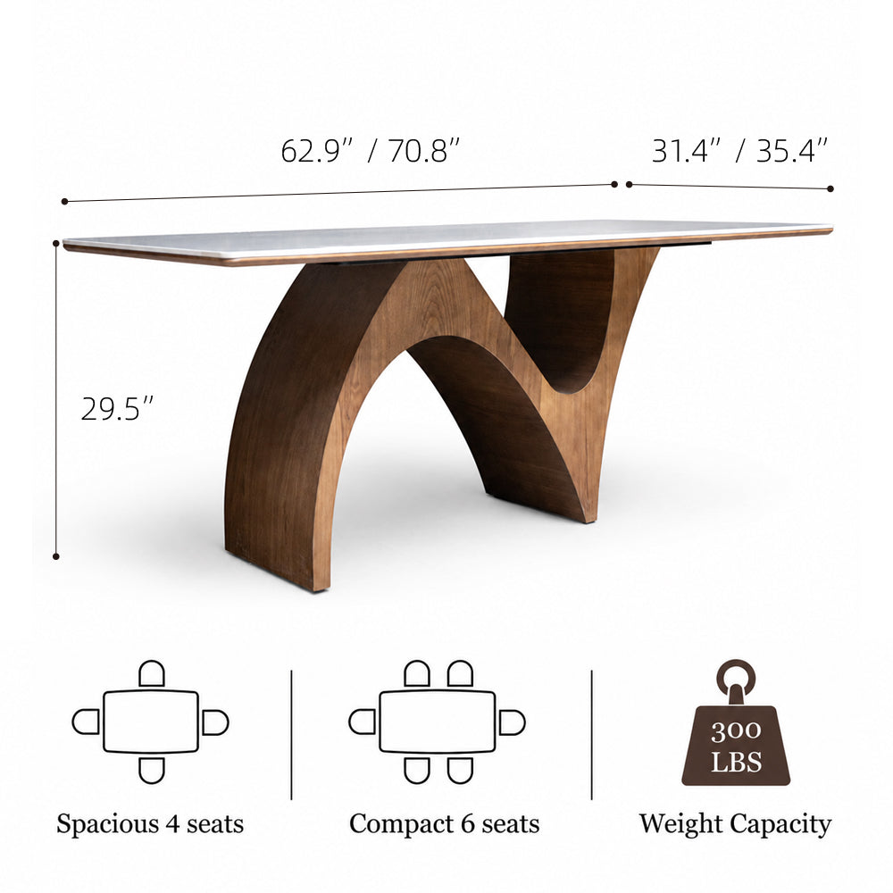 Modern Dining Table with Marble-Like Stone Top and Sculptural Wooden Base