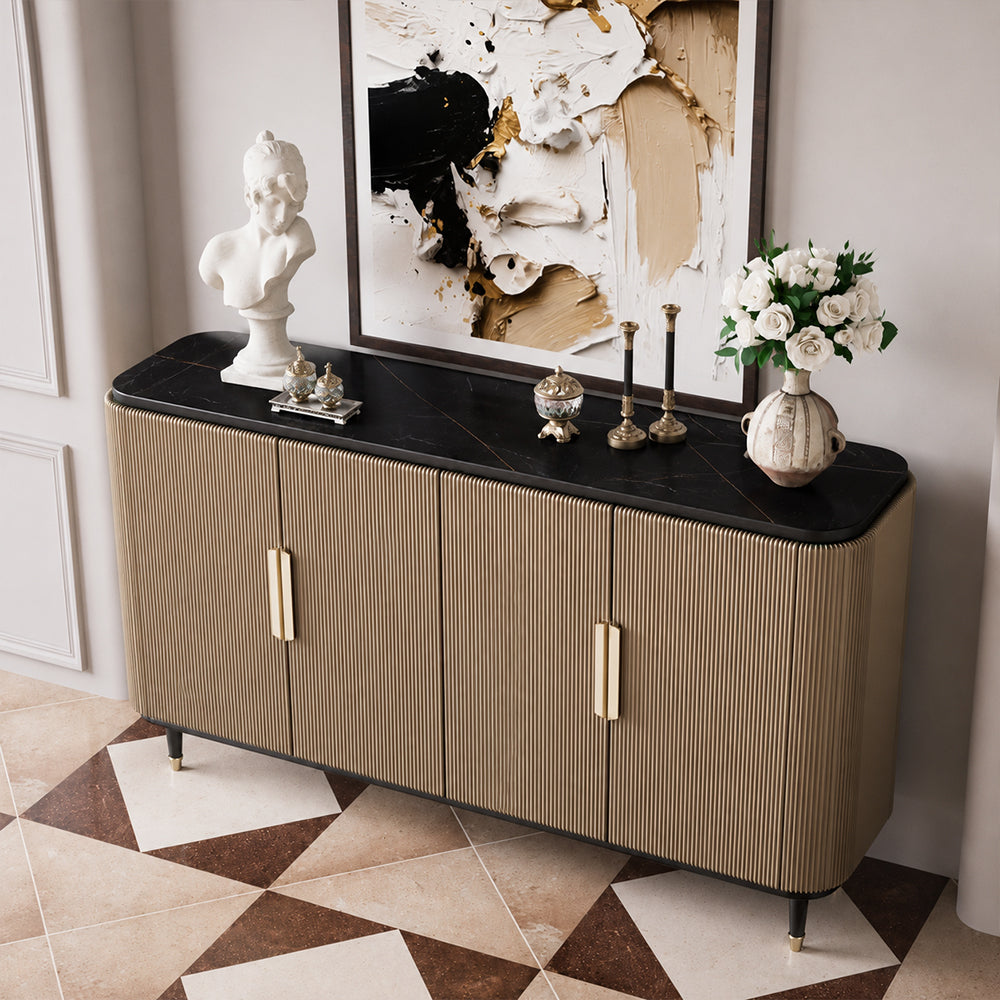 59'' Modern Luxury Elegant Gray and Gold Sideboard with Shelves