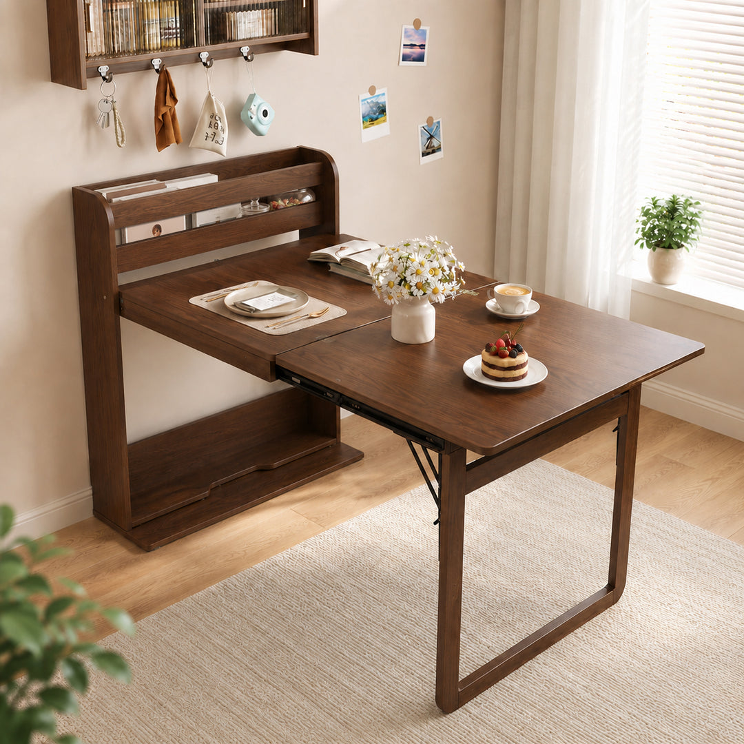62" Wall-Side Murphy Foldable Dining Table with Integrated Shelf Storage
