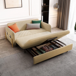 Load image into Gallery viewer, Beige velvet sofa bed with hidden storage drawer open
