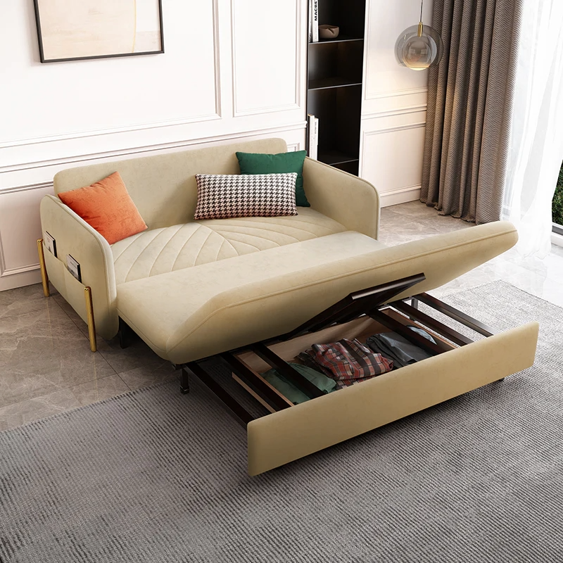Beige velvet sofa bed with hidden storage drawer open