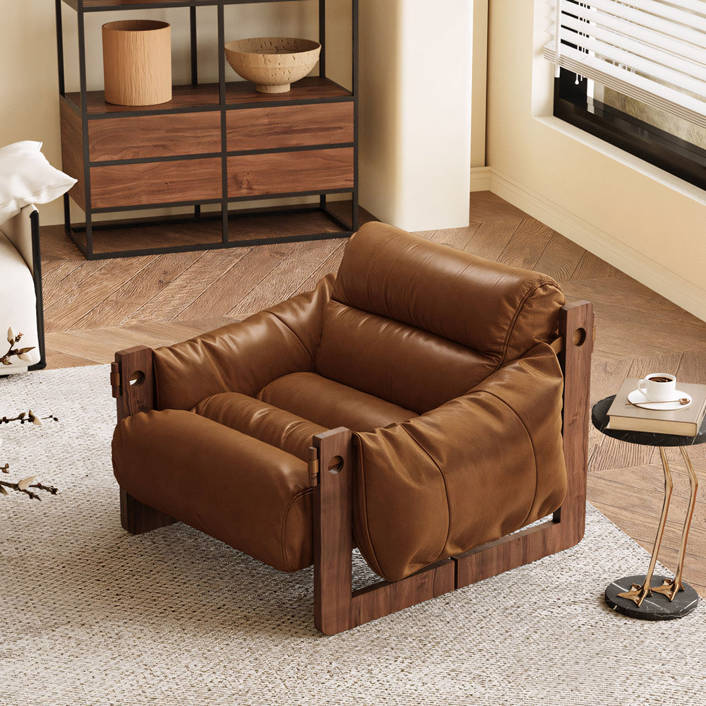 Modern Oil Waxed Leather Lounge Chair Solid Wood Frame Deep Seat Vintage Accent Armchair