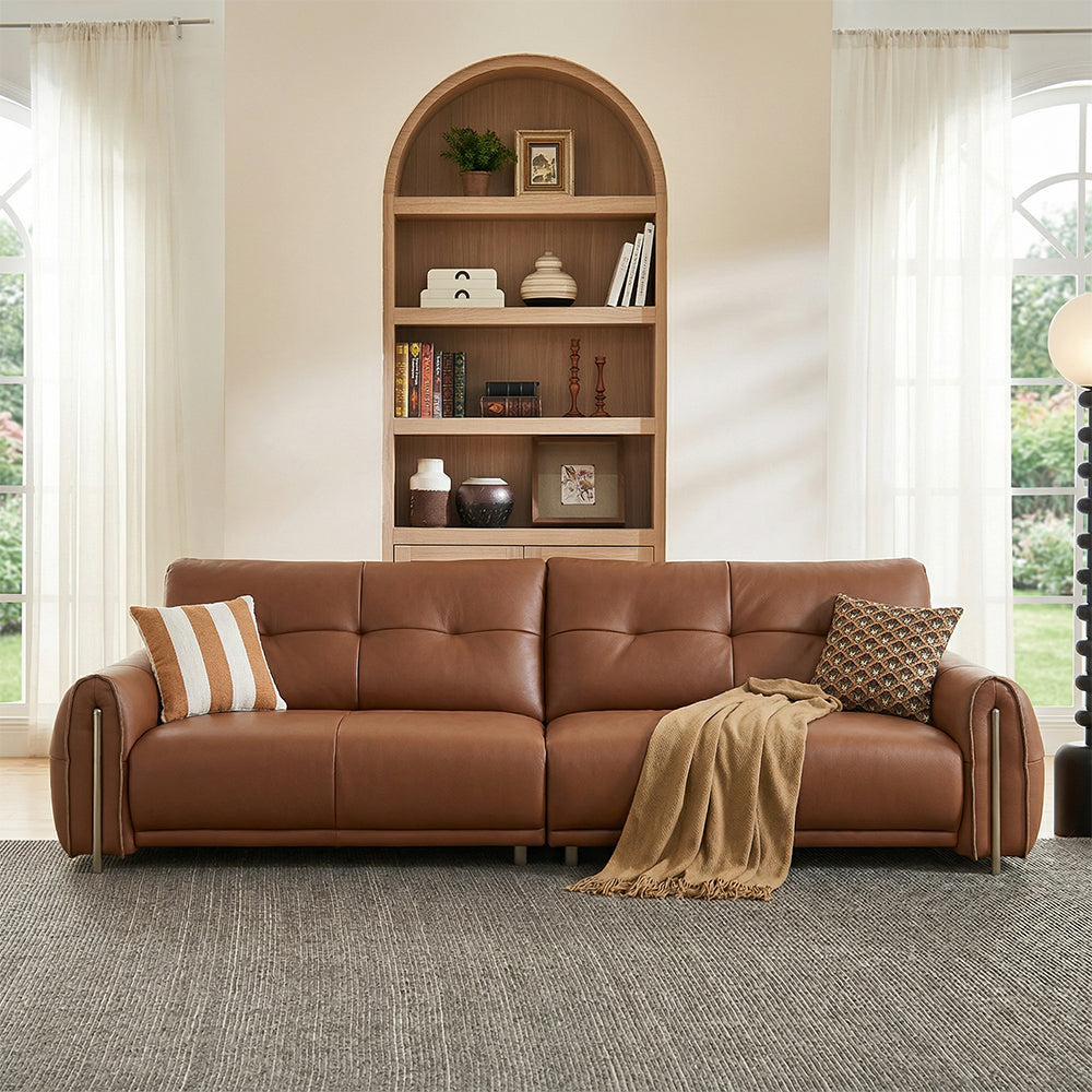 Modern Genuine Leather Sofa Warm Brown Upholstered Couch Three Seater Living Room Sofa with Wide Seat and Clean Lines