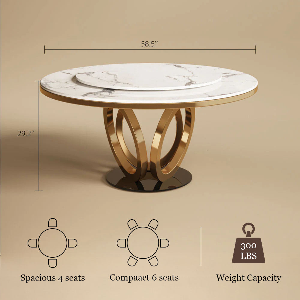 Round Dining Table Lazy Susan Marble Effect Ring Base Gold Accents Perfect for 4-6 People
