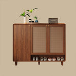 Load image into Gallery viewer, Mid-Century Rattan Shoe Cabinet with 2 Doors Walnut Wood Entryway Storage Organizer with Open Shelf
