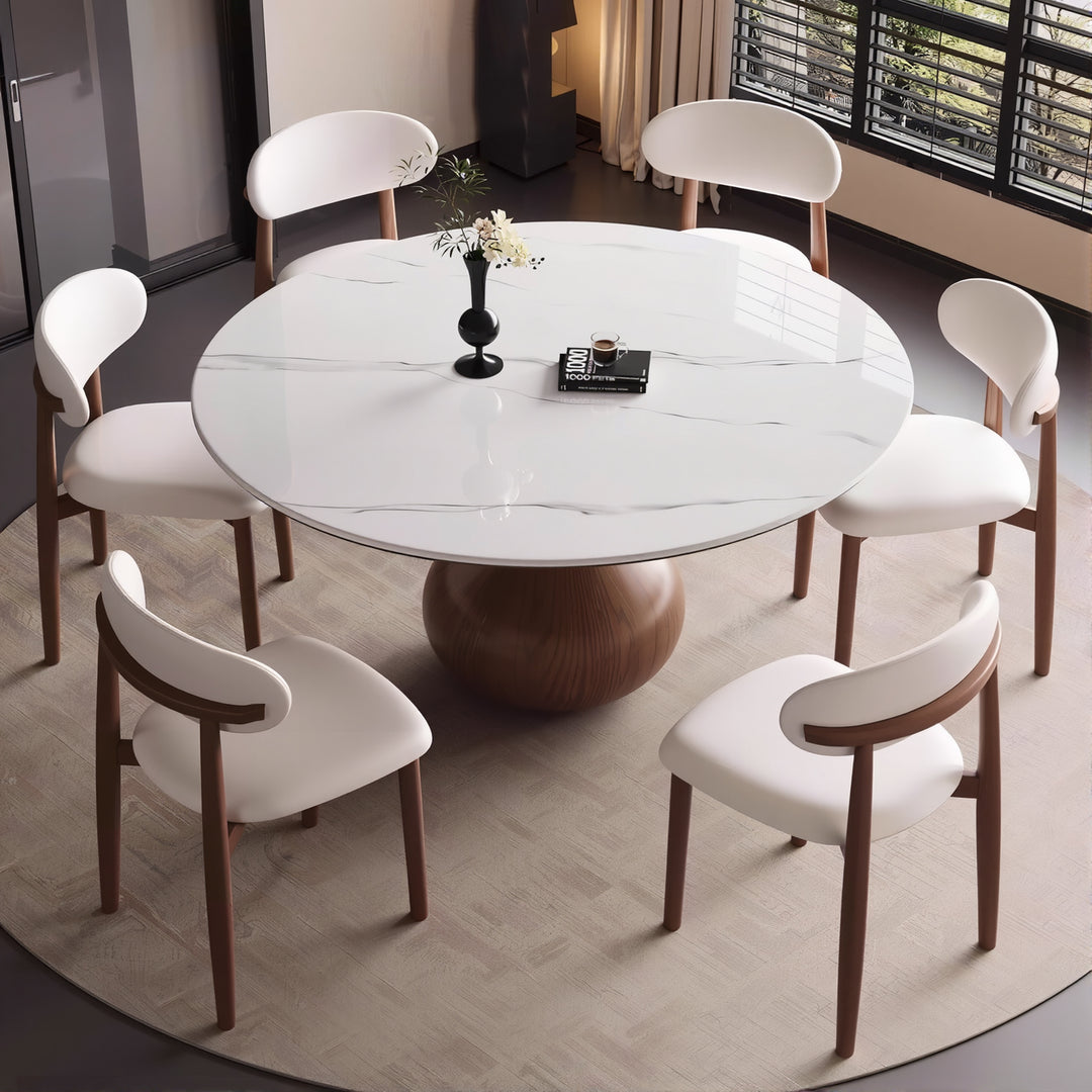 Round Dining Table Wooden Base and Ceramic Stone Top Modern Aesthetic