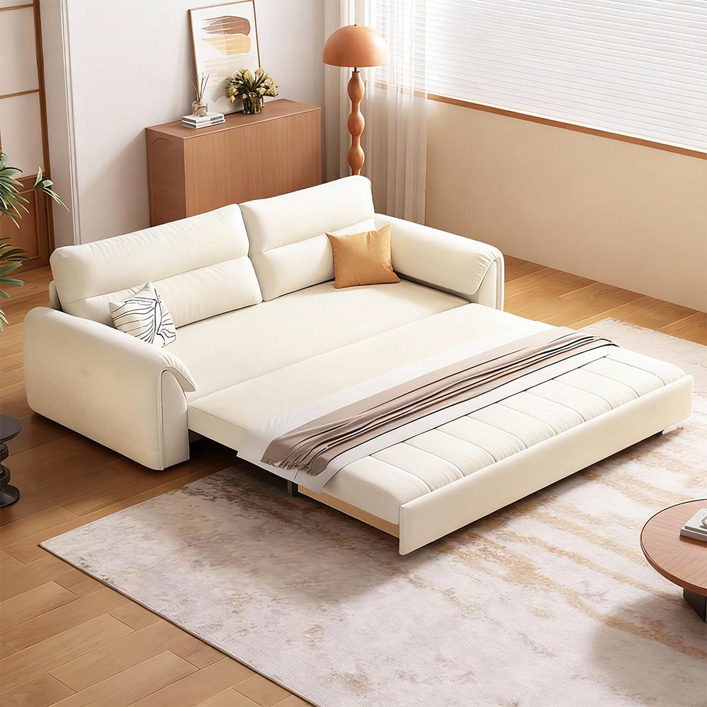 Contemporary sleeper sofa in velvet fabric with plush cushions and minimalist design