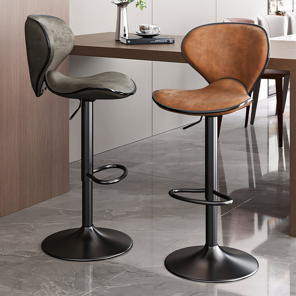 Modern Adjustable Swivel Bar Stool Brown Faux Leather Seat Black Metal Base Counter Height Bar Chair 1 Piece