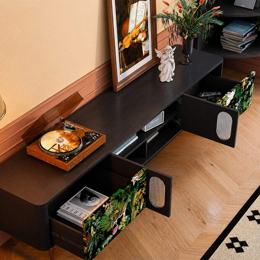 82.6" Jungle Print Mid Century Wood TV Stand