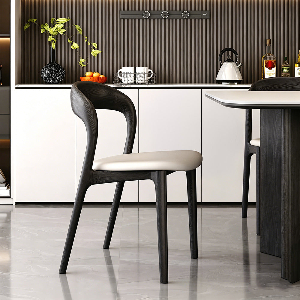 Modern Minimalist Dining Chair Faux Leather Seat Solid Wood Frame Black and Beige Accent Chair 1 Piece