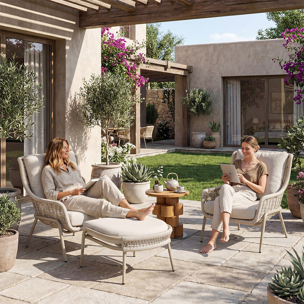 Modern Outdoor Lounge Chair with Woven Rope Frame and Weather Resistant Cushions