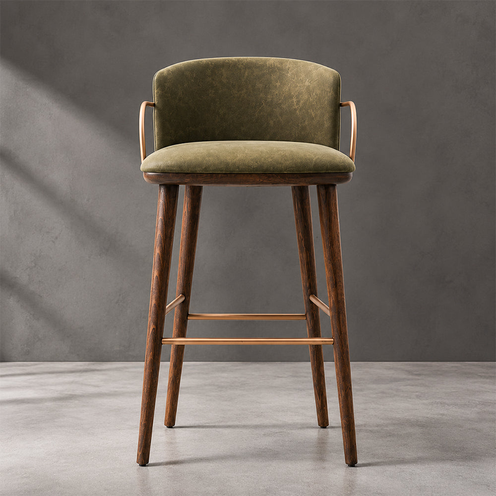 Modern Upholstered Bar Stool with Curved Backrest Gold Arm Detail Wooden Legs Counter Chair 1 Piece