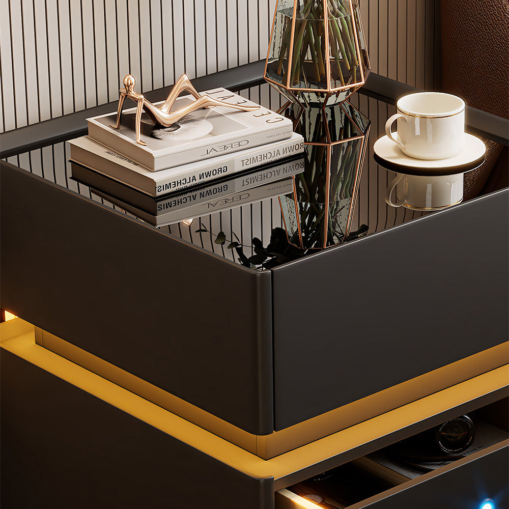 Modern LED Nightstand with Glass Top 2 Drawers Smart Bedside Table High Gloss White Design