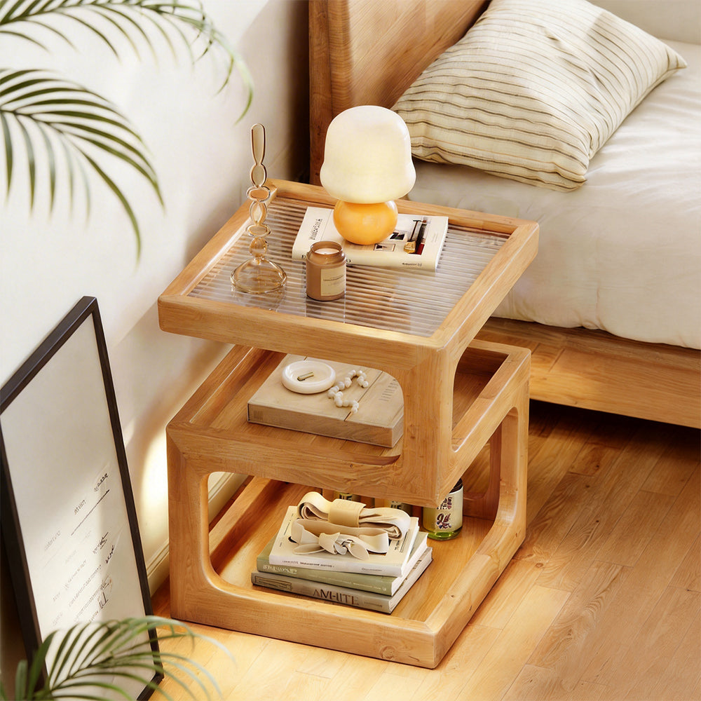 Modern Solid Wood Bedside Table with Fluted Glass Top Multi Layer Storage Nightstand