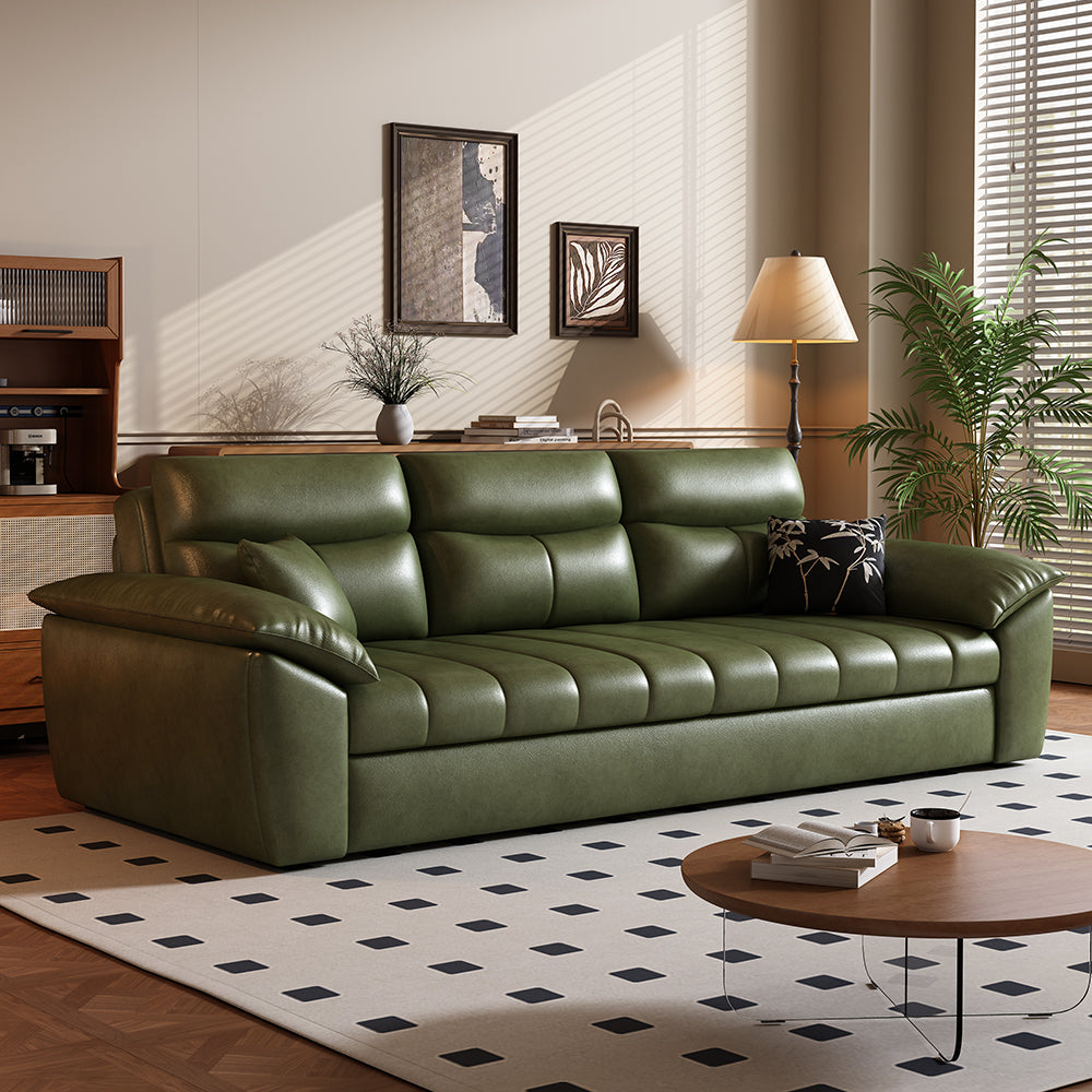 Side angle of sofa bed showing ergonomic cushioned armrest